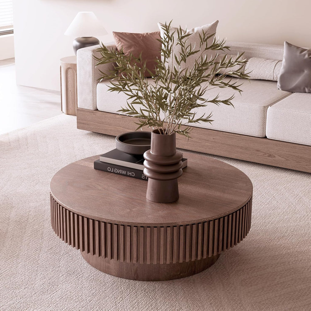 39.37' Round Wood Coffee Table,Modern Coffee Table with Storage for Living Room,Solid Wood Drum Coffee Table Circle Fluted Coffee Table Accent Side Table for Apartment,Office, Easy Assembly,Walnut