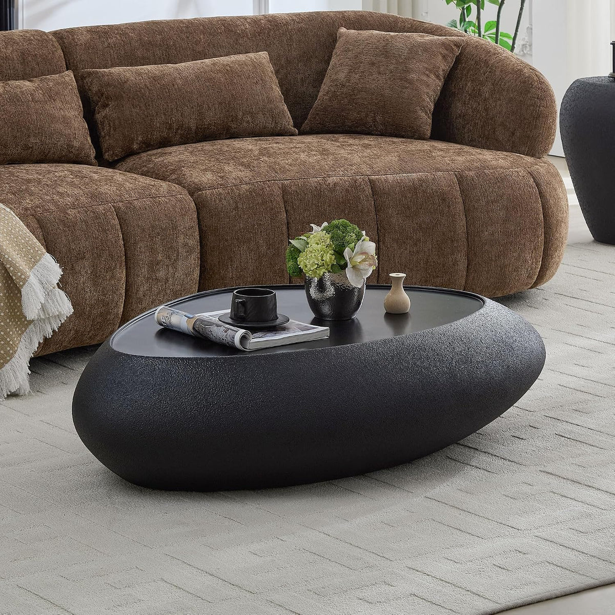 45.28' Oval Coffee Table, Modern Faux Stone Circle Center Tables Accent Drum End Side Table for Living Room, No Installation Required,Black