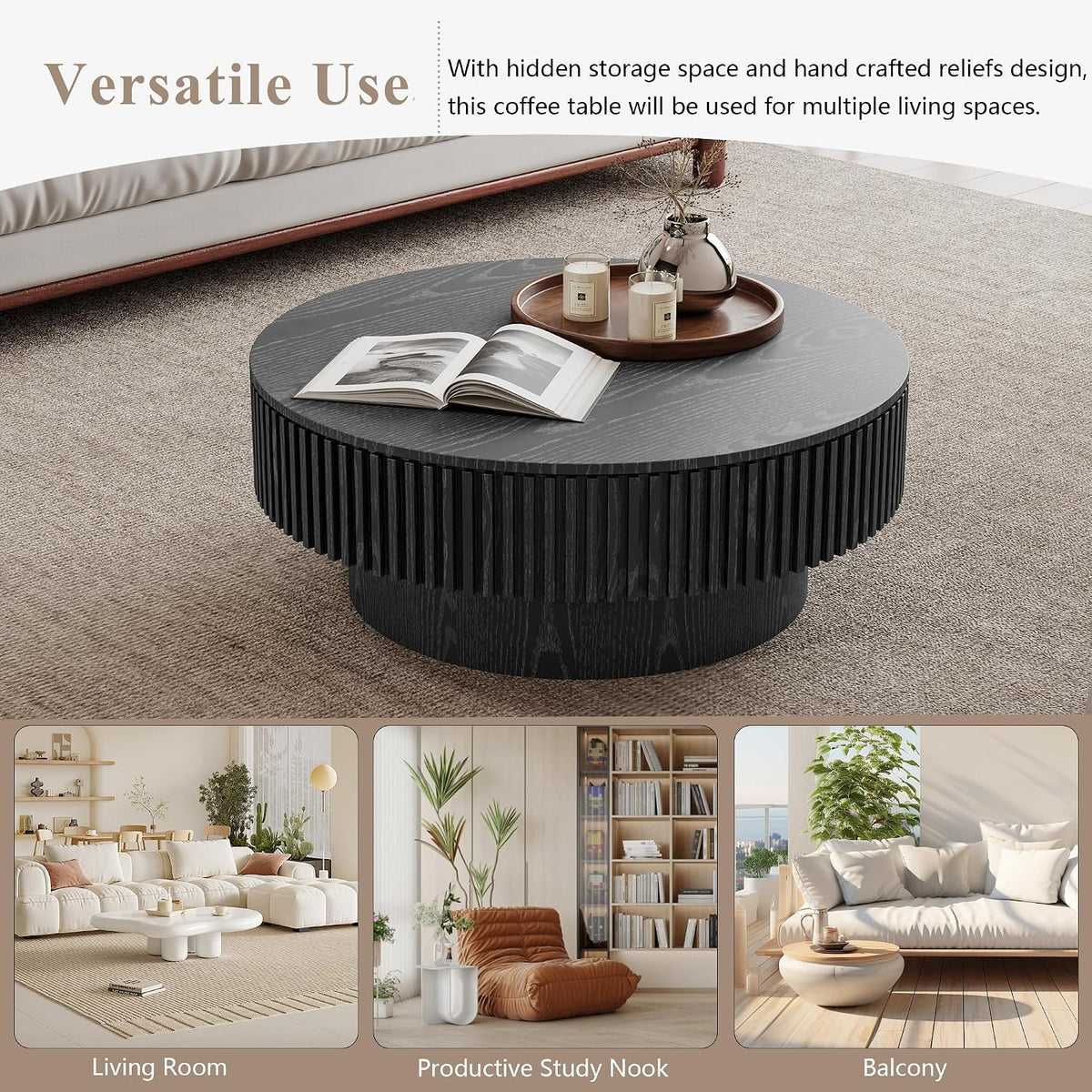 31.5' Round Wood Coffee Table, Modern Coffee Table with Storage,Solid Wood Drum Coffee Table Circle Fluted Coffee Table Accent Side Table for Apartment,Office, Easy Assembly,Black