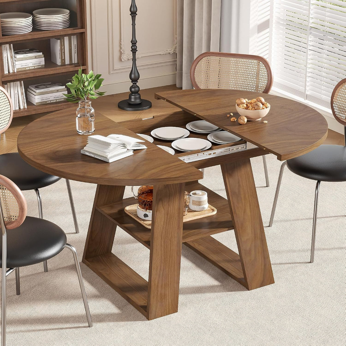 43.3in-59in Extendable Round Dining Table for 4-8, Modern Kitchen Oval Dining Table with Removable Leaves Space Saving, Wood Base with Storage Shelf for Kitchen Living Room, Walnut Style 2