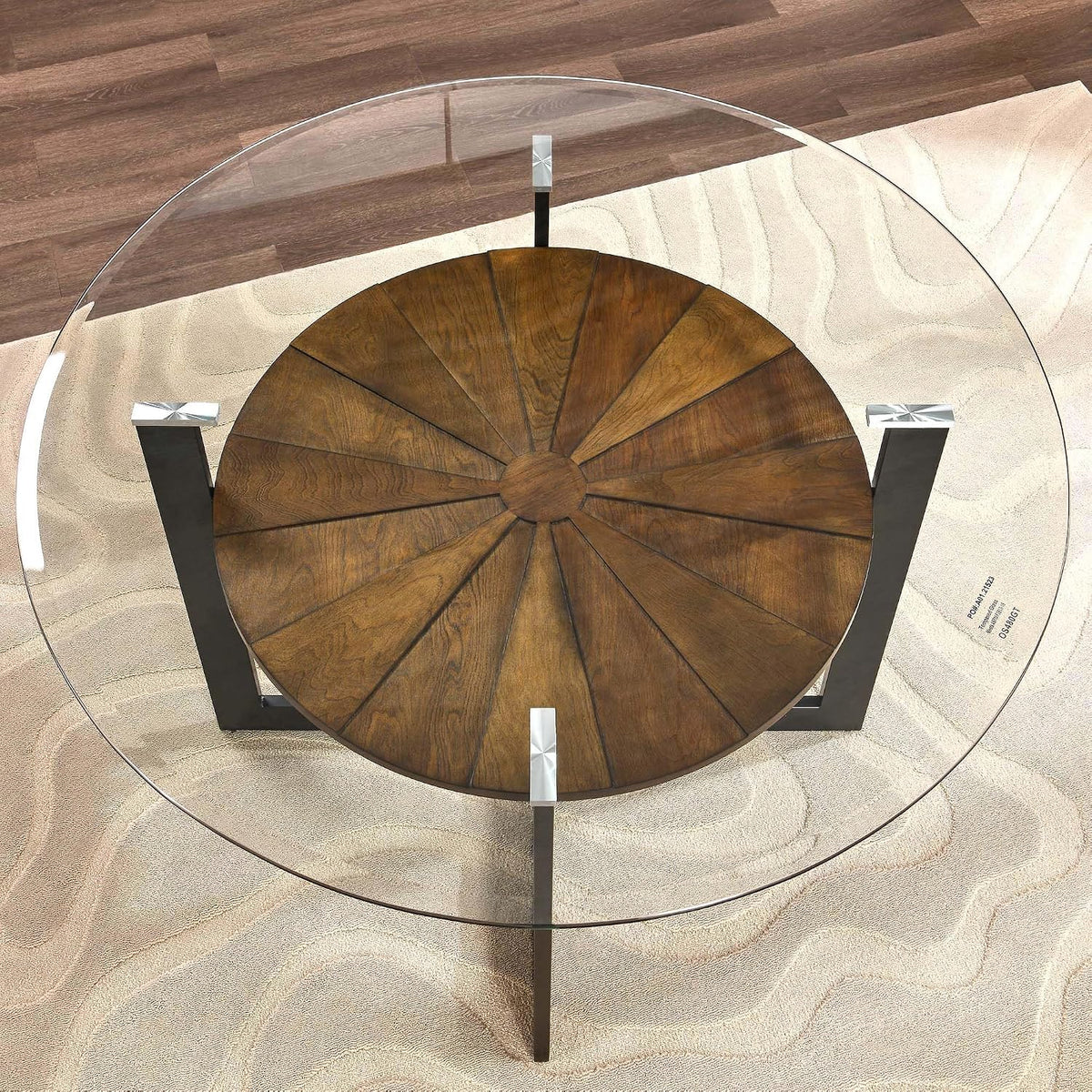 Round 45' Dining Table with 10mm Tempered Glass Top, Circle Dinner Pedestal Table for Dining Room Modern Industrial Kitchen Tables with Wood Brown Shelf and Black Metal Leg Easy Assembly CZ-B2616