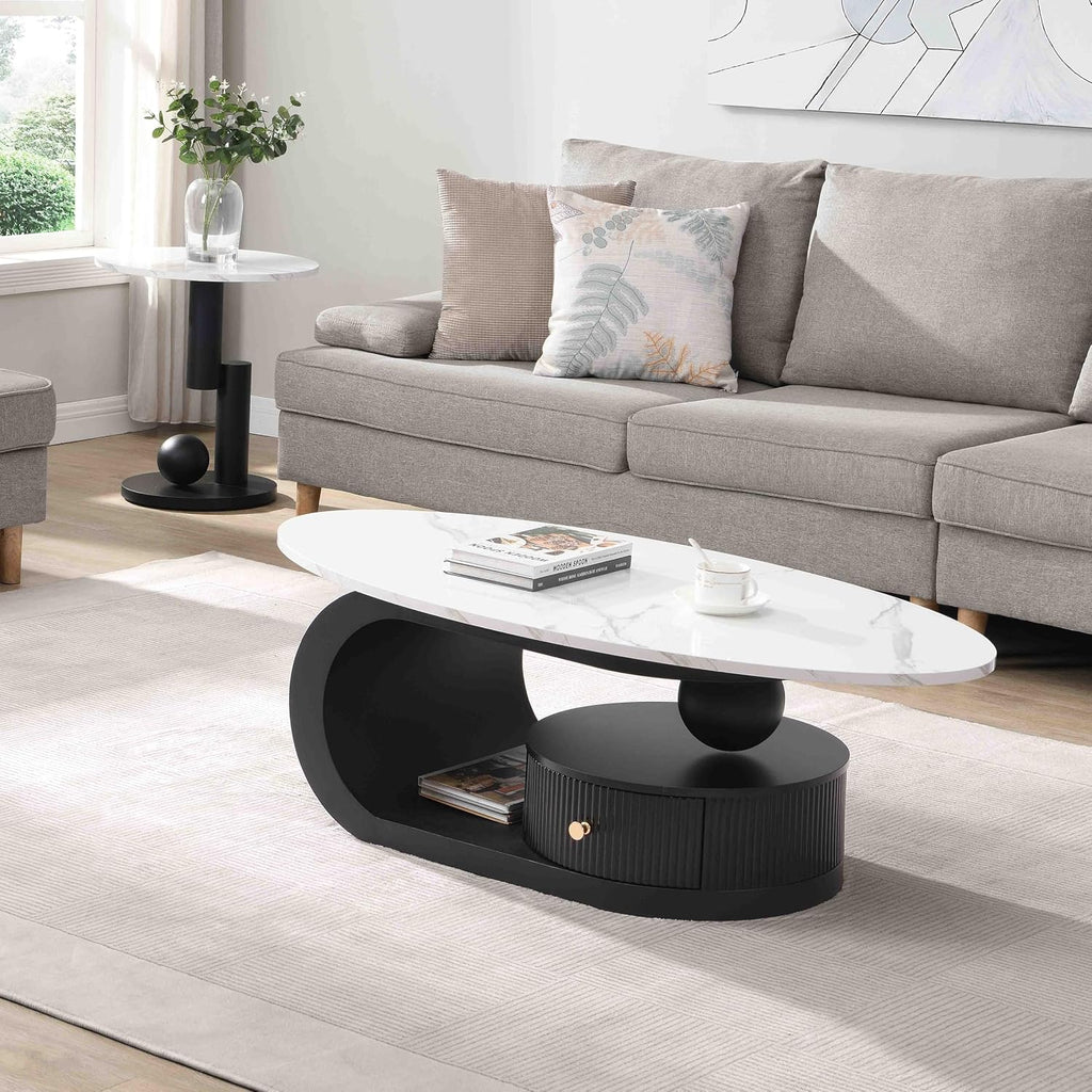 Modern Nesting Coffee Table Set of 2, Oval and Round Coffee Table Set for Living Room, Faux Marble Coffee Table and Round End Table, Luxury Living Room Accent Table for Apartment (Black with Drawer)