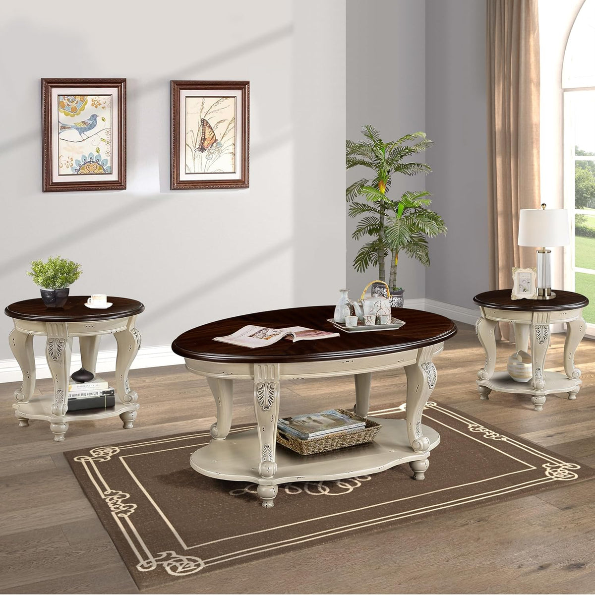 42'' Oval Wood Coffee Table for Living Room, 2-Tier Solid Wood Cocktail Table with Open Storage Shelf, Easy Assembly (Antique White, 42'')