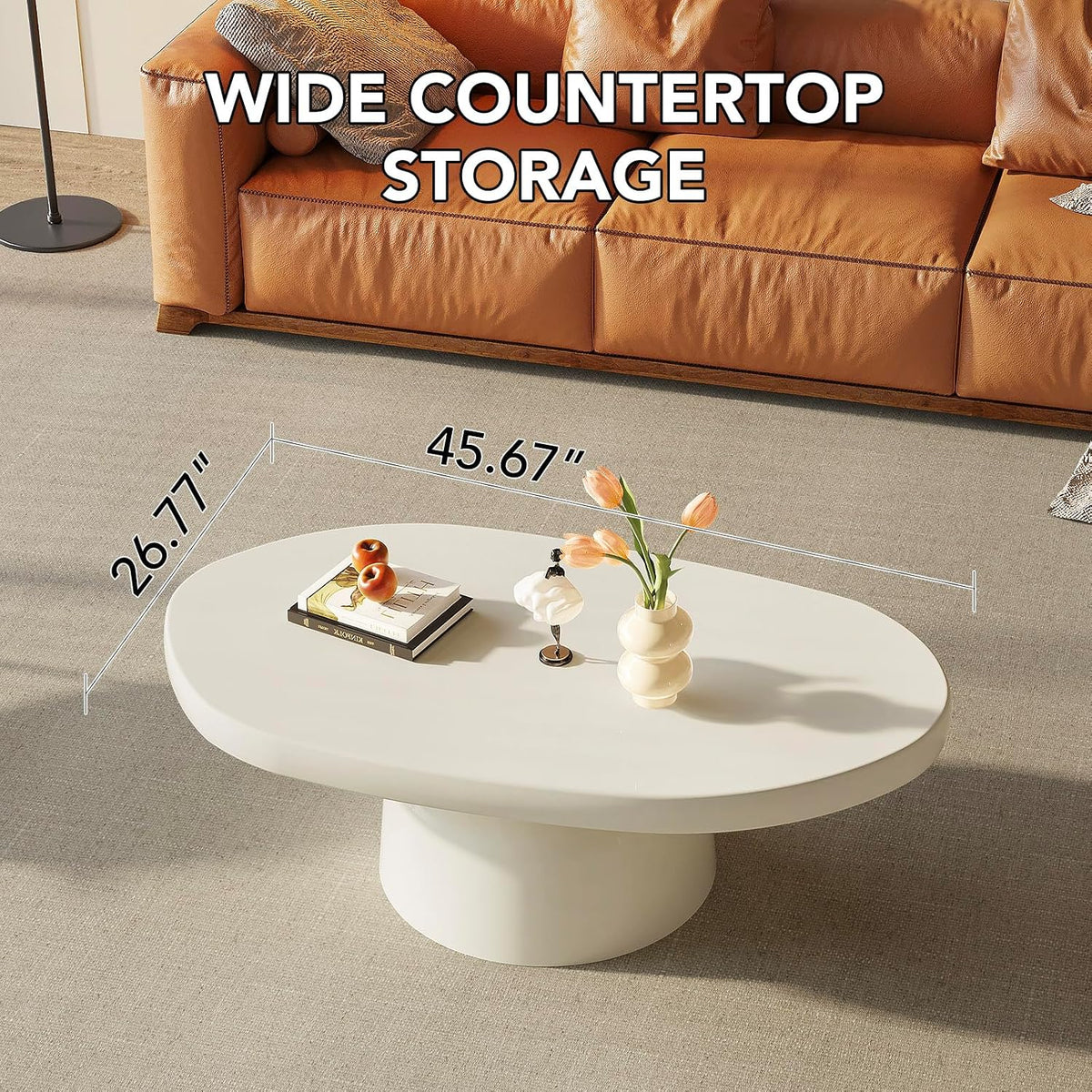 45.67' White Coffee Table, Modern Funky Irregular Shaped Coffee Table with Sturdy Pedestal for Bedroom, Living Room & Small Spaces