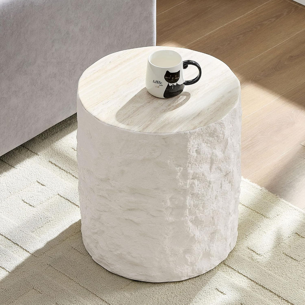 15.75' Round Fiberglass Side Table, Modern Imitation Stone Coffee Table for Living Room & Bedroom, Beige, No Assembly Required
