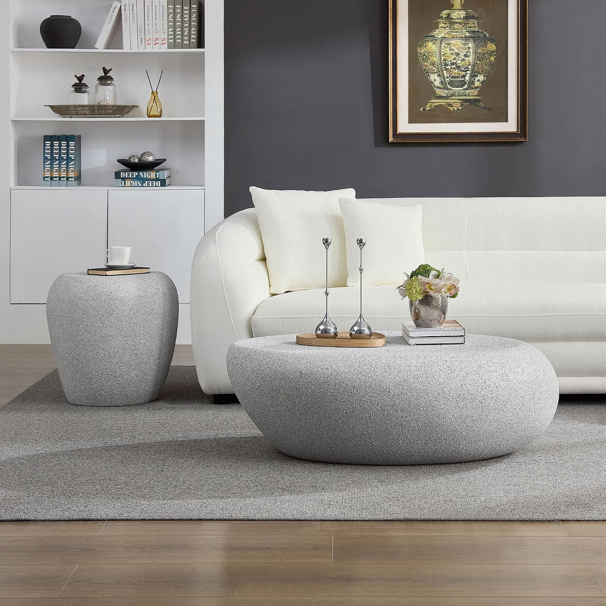 19.29'' Faux Stone Side Table End Table for Living Room, Modern Contemporary Style, Fiberglass Material & Grainy Stone Paint, No Assembly, Beige