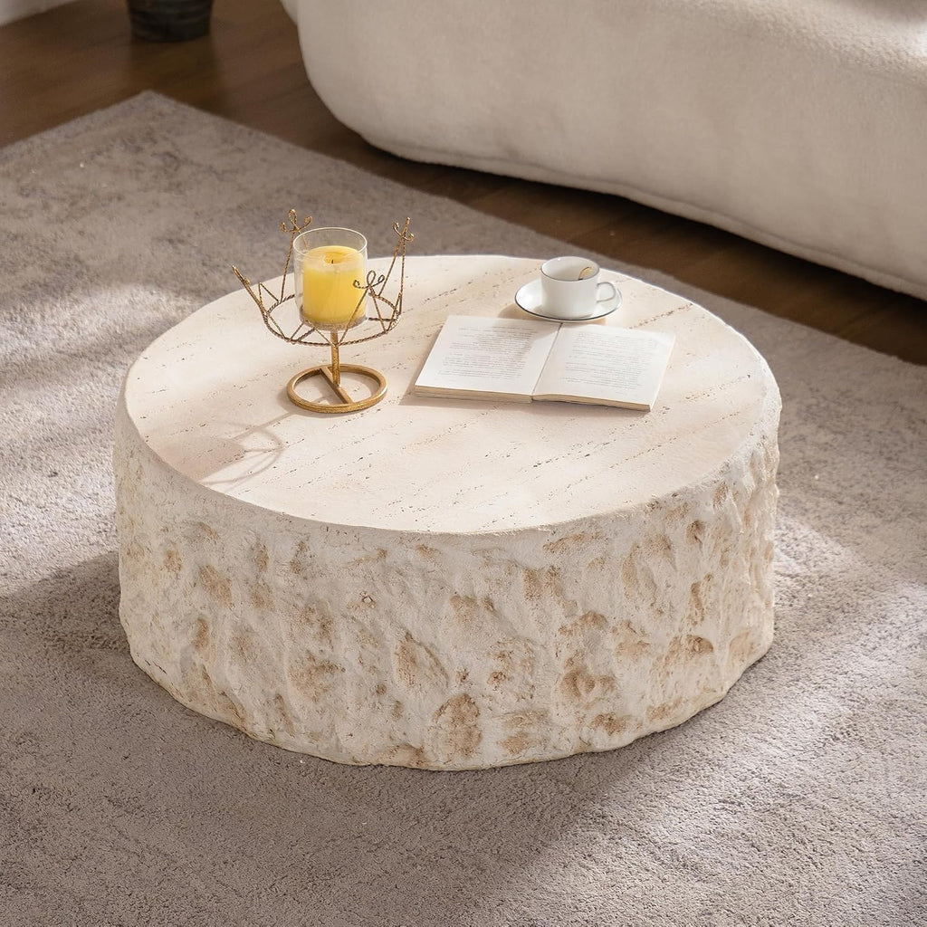 Round Coffee Table for Living Room Outdoor Faux Stone Coffee Table Amber Travertine Concrete Pattern, 31.49' Modern Faux Marble Center Tables Tea Tables, No Need Assemble, Beige
