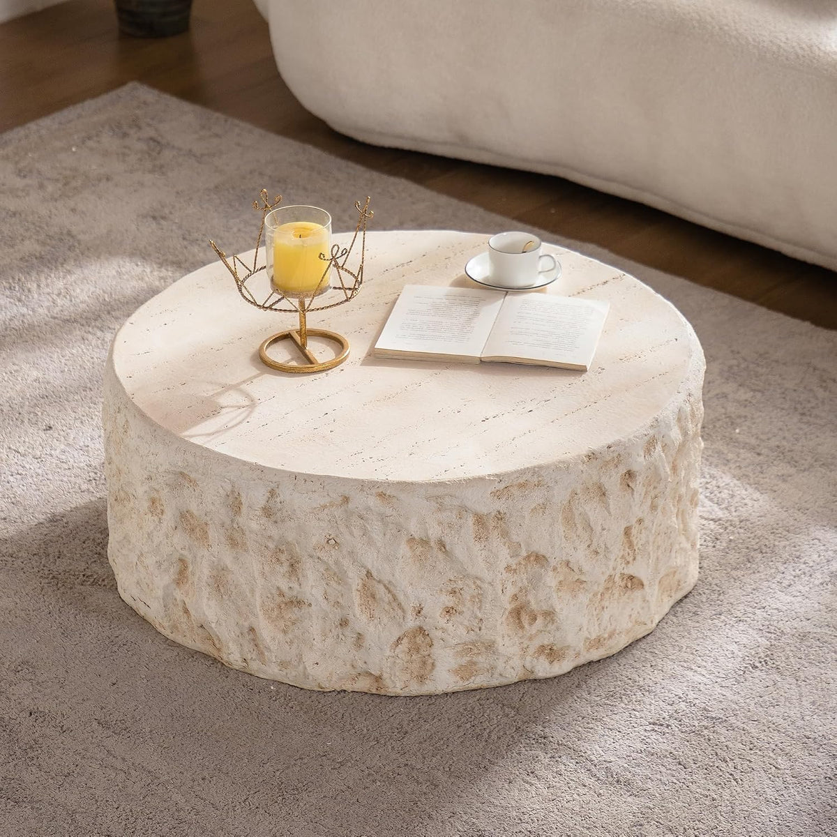 Round Coffee Table for Living Room Outdoor Faux Stone Coffee Table Amber Travertine Concrete Pattern, 31.49' Modern Faux Marble Center Tables Tea Tables, No Need Assemble, Beige