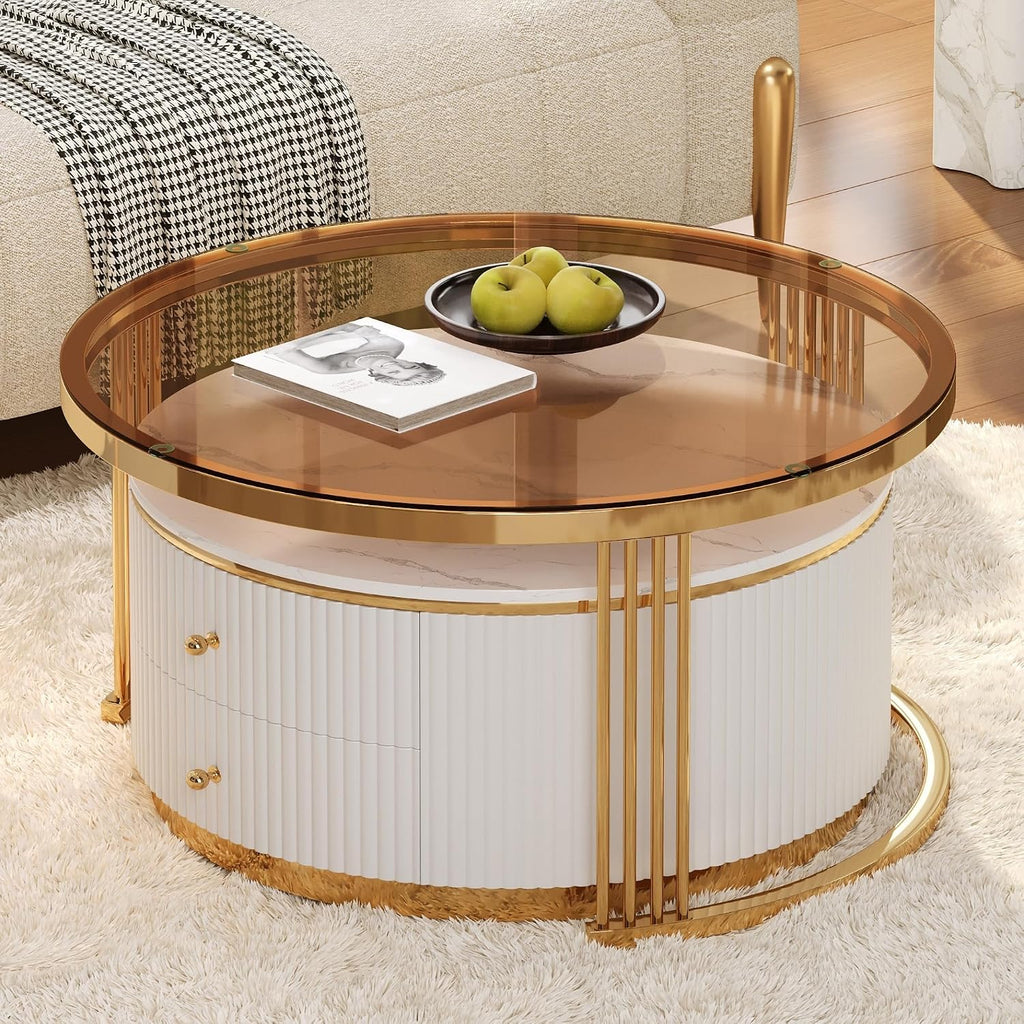 27.6' Brown Nesting Coffee Table Set of 2, Modern Round White Coffee Table for Living Room with Storage Drawer Marble Tabletop End Side Table for Bedroom