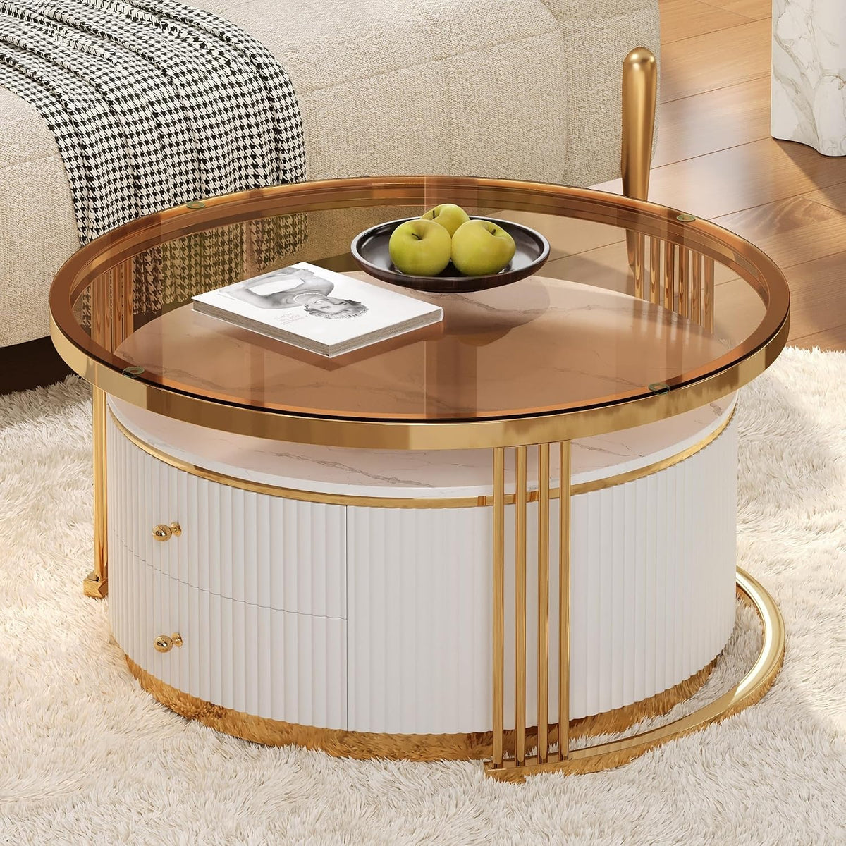 27.6' Brown Nesting Coffee Table Set of 2, Modern Round White Coffee Table for Living Room with Storage Drawer Marble Tabletop End Side Table for Bedroom