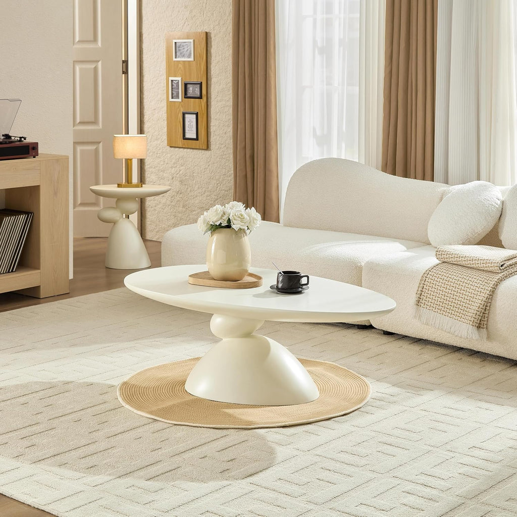Lucky Coffee Table 47.2' Cream, Sculptural Fiberglass Table with Matte Finish, Minimalist Scandinavian Low Coffee Table, Designer-Inspired Pebble Base Center Table for Modern Living Room & Apartment