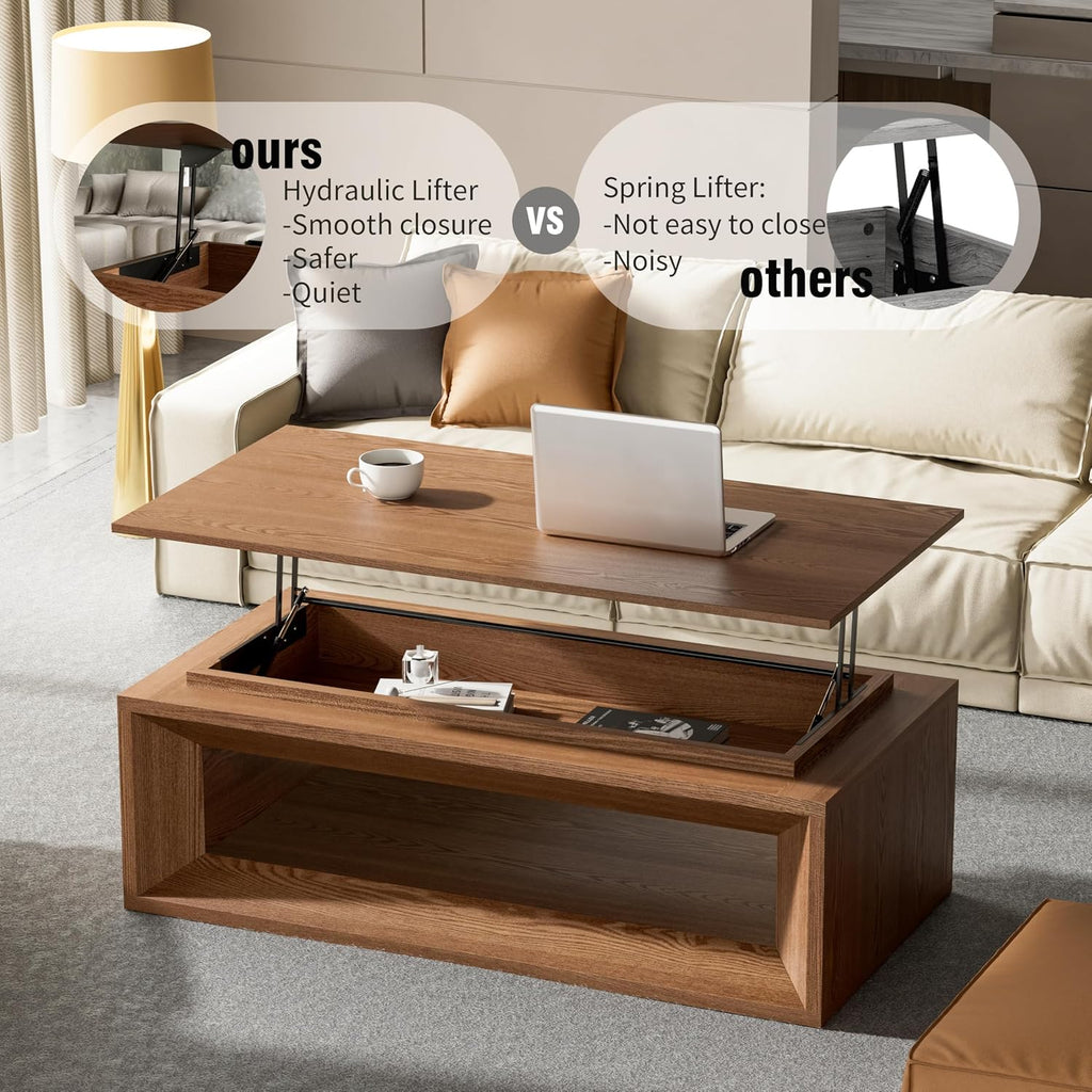 43.3'' Lift Top Coffee Table with Hidden Storage, Solid Wood Veneer Modern Center Table with Hydraulic Gas Spring, Floating Surface Tea Table for Living Room (43.3'' Walnut Lift-Top Coffee Table)