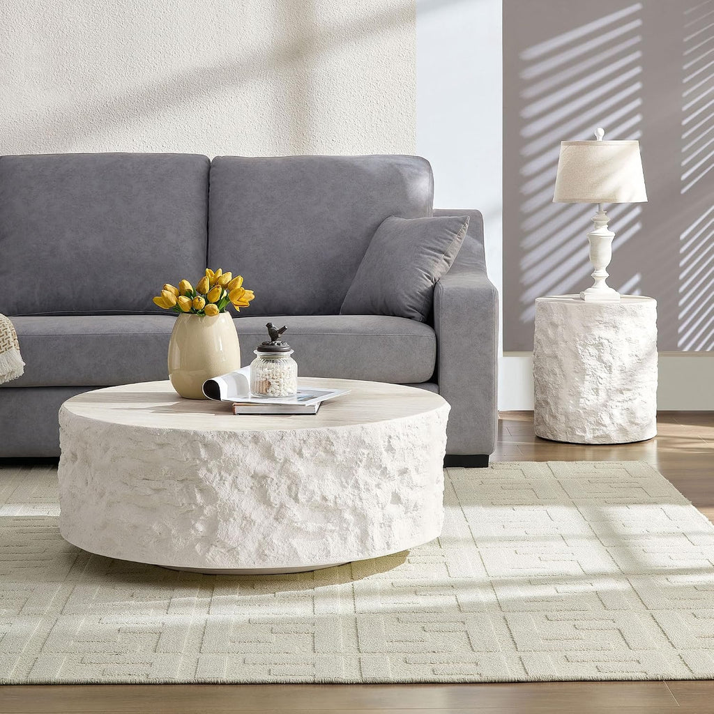 15.75' Round Fiberglass Side Table, Modern Imitation Stone Coffee Table for Living Room & Bedroom, Beige, No Assembly Required