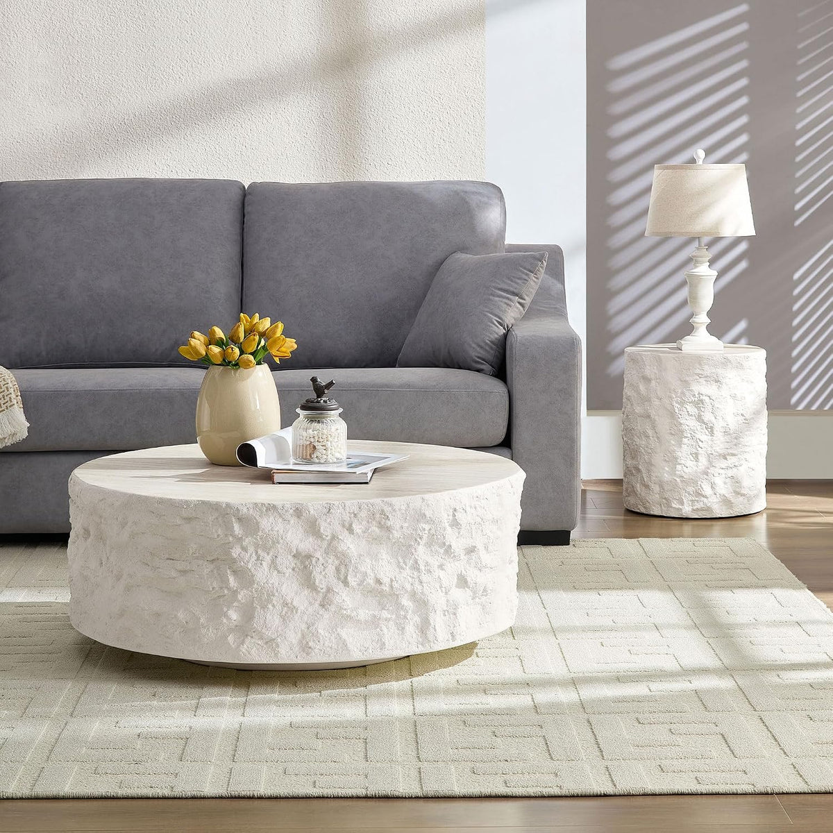 15.75' Round Fiberglass Side Table, Modern Imitation Stone Coffee Table for Living Room & Bedroom, Beige, No Assembly Required