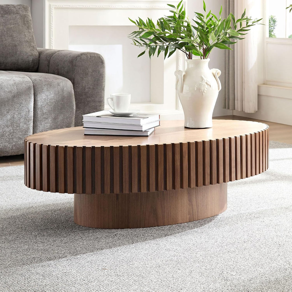 Oval Coffee Table for Living Room, Modern Fluted Coffee Tables with Pedestal Base, Handcrafted Centre Tea Tables Easy Assembly-43.7' Walnut