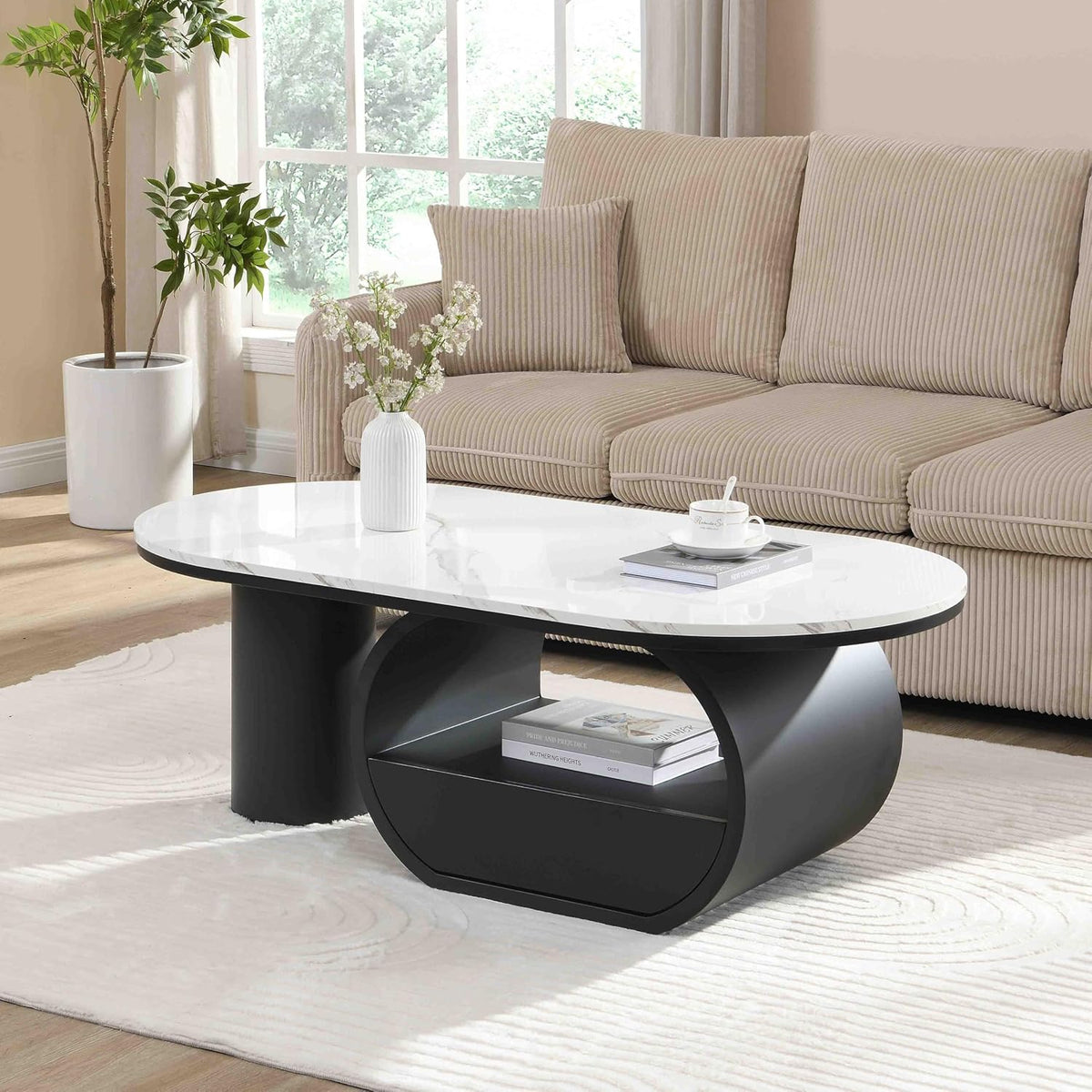 Oval Coffee Table, 47.24'' Modern Luxury Oval Decorative Coffee Center Table with White Faux Marble Top and Black Metal Base and 1 Drawer, Cocktail Tea Table for Living Room Apartment
