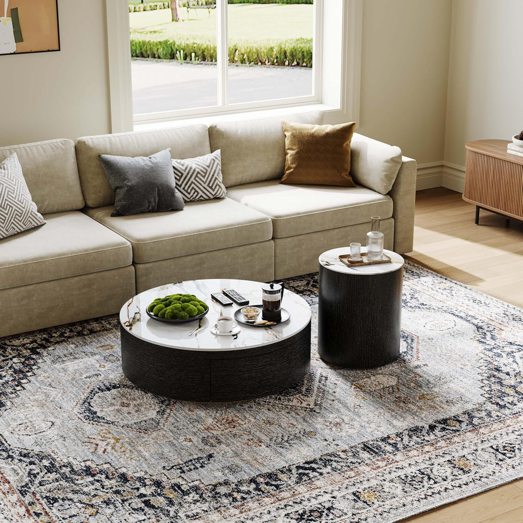 POVISON Modern Drum Coffee Table with Storage, Sintered Stone Top Round Coffee Table with Drawers, Oak Veneer, Fully Assembled, 39.37'