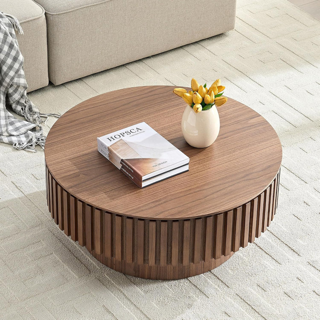 JUSTONE 31.5 Inch Round Farmhouse Coffee Table with Storage, Sturdy Pedestal Base Living Room Center Table for Lounge, Office, Apartment, Walnut
