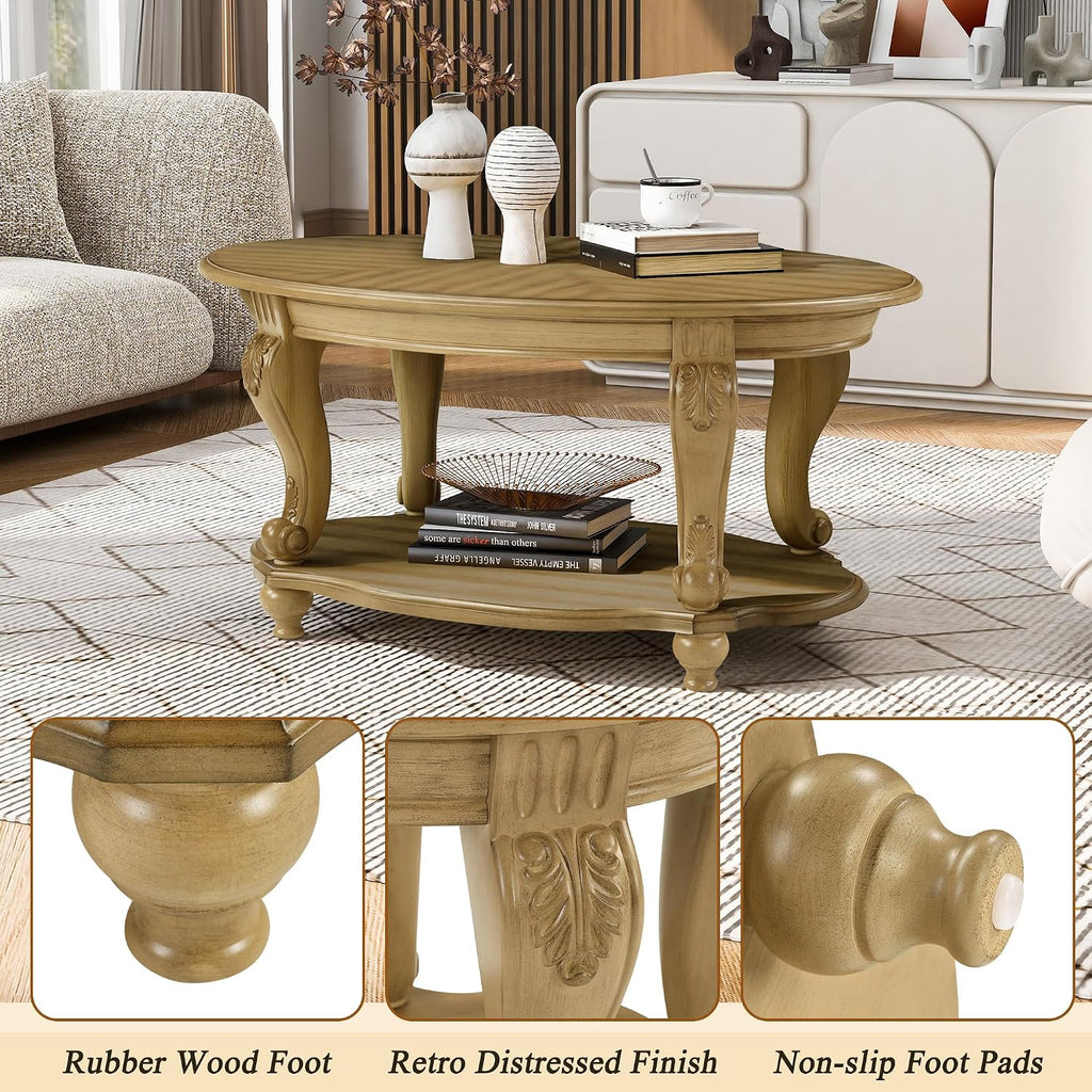 RuiSiSi 42' Oval Coffee Table for Living Room, Solid Wood 2-Tier Cocktail Table with Open Storage Shelf, Easy Assembly, Antique Natural