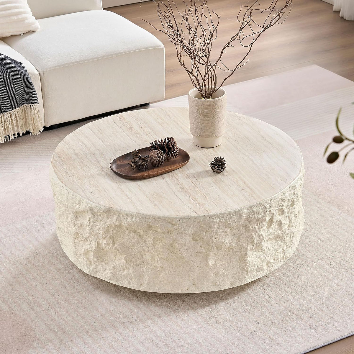 Faux Rock Coffee Table,Drum Coffee Table Fiberglass Round Tea Table for Living Room, Accent Imitation Stone Central Table No Need Assembly, Beige White