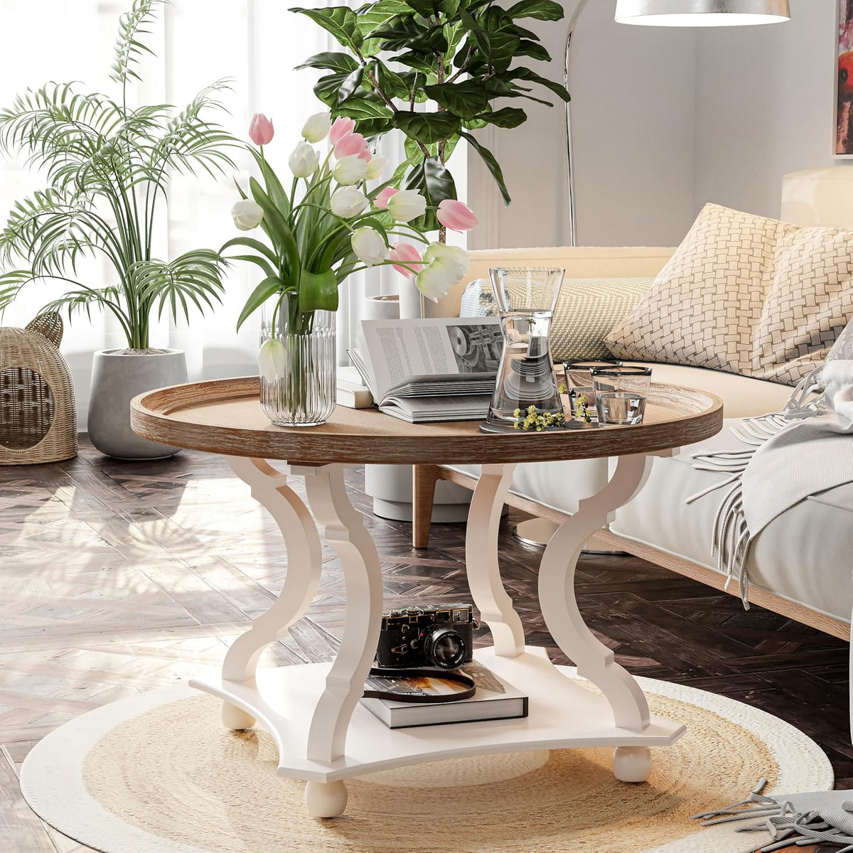 Round Farmhouse Coffee Table with Handmade Finish, Wood Tray Top Rustic Coffee Table for Added Thickness, Accent Table with Storage for Living Room, Small Place, White, Circle