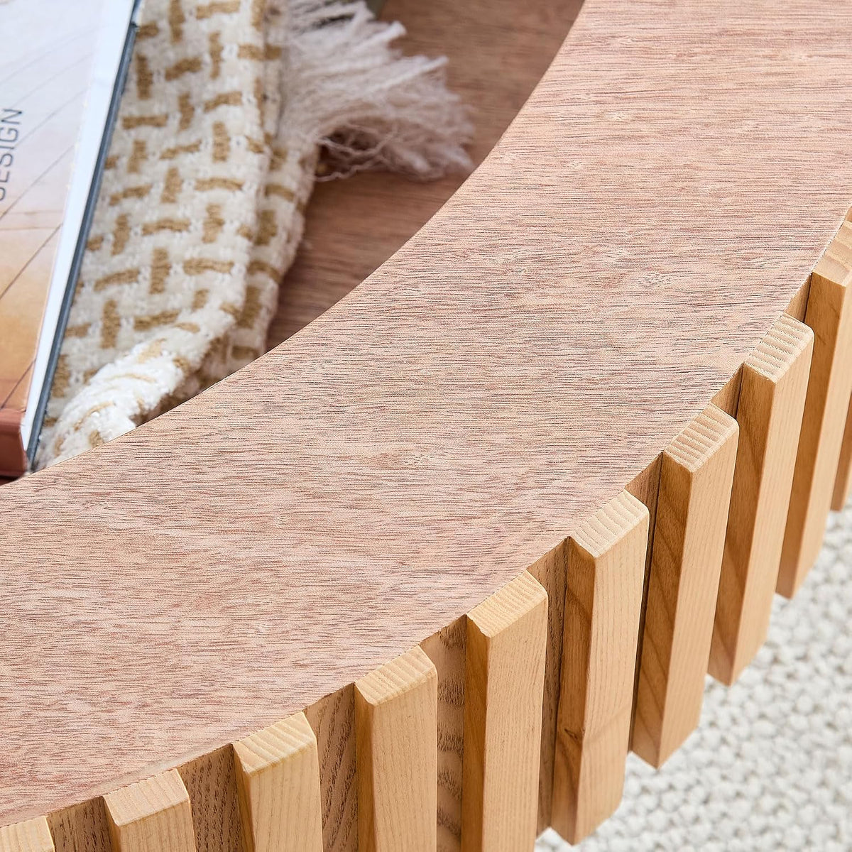 JUSTONE 31.5 Inch Round Farmhouse Coffee Table with Storage, Sturdy Pedestal Base Living Room Center Table for Lounge, Office, Apartment, Natural Wood