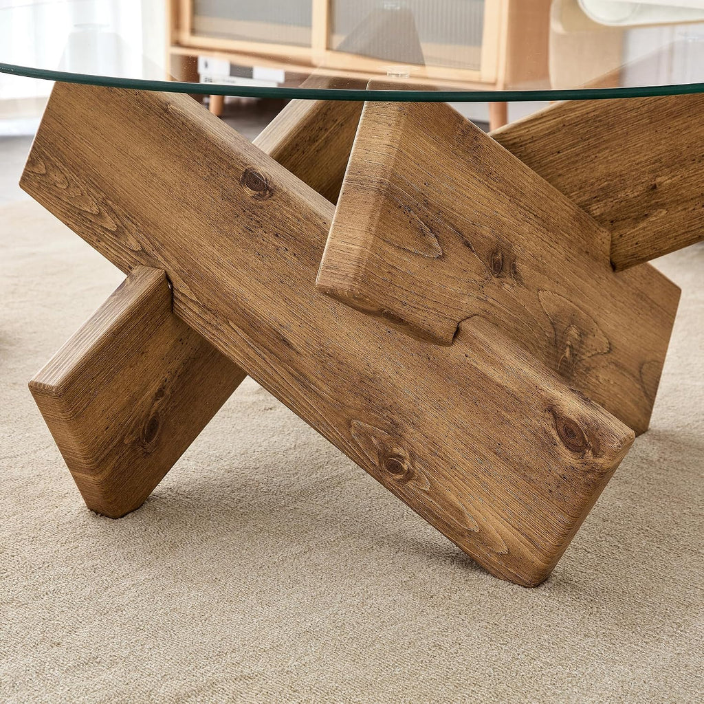 Glass Coffee Tables for Living Room Modern Elegant Round Coffee Table Mid Century Farmhouse Center Table with Wooden Base and Tempered Glass Tabletop, Easy Assembly,33.4 inch