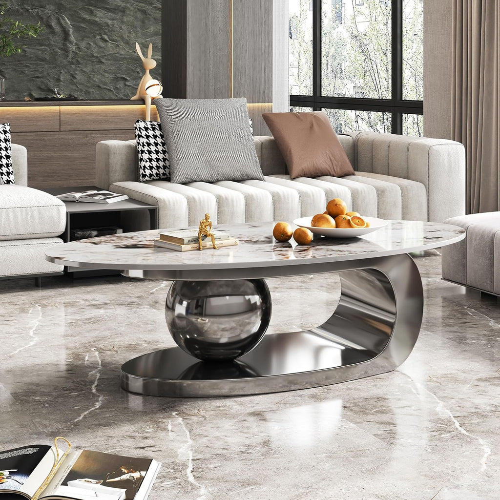 Marble Grain Coffee Table with Silver Stainless Steel Pedestal,Modern Coffee Tables,Oval Living Room Table with Faux Marble Top & Luxury Legs,Sintered Stone Cocktail Center Table,51.20inch