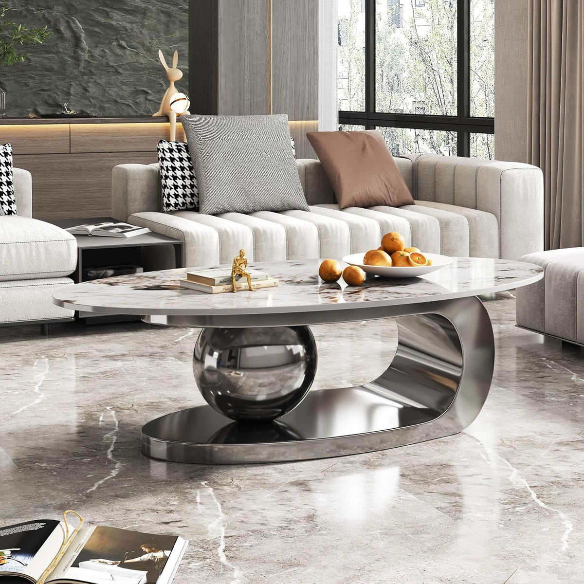 Marble Grain Coffee Table with Silver Stainless Steel Pedestal,Modern Coffee Tables,Oval Living Room Table with Faux Marble Top & Luxury Legs,Sintered Stone Cocktail Center Table,51.20inch