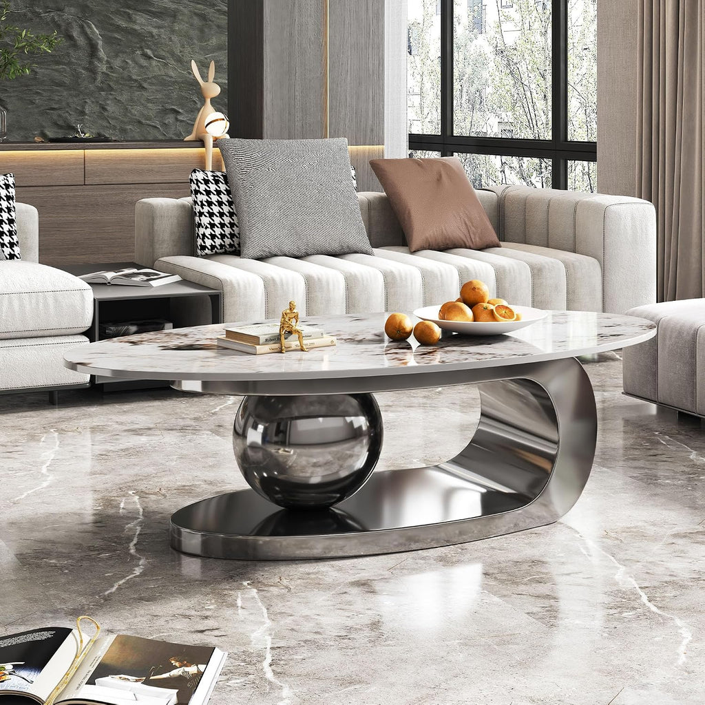 Henf Faux Marble Coffee Table for Living Room, 51 Inches Oval Imitation Marble Coffee Center Table with Silver Stainless Steel Base & Sintered Stone Tabletop