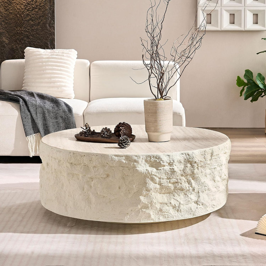 Faux Rock Coffee Table,Drum Coffee Table Fiberglass Round Tea Table for Living Room, Accent Imitation Stone Central Table No Need Assembly, Beige White