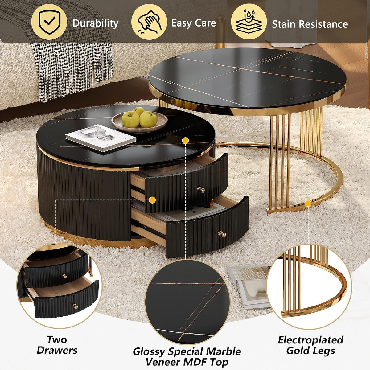 27.6' Black Nesting Coffee Table Set of 2, Modern Round White Coffee Table for Living Room with Storage Drawer Marble Tabletop End Side Table for Bedroom