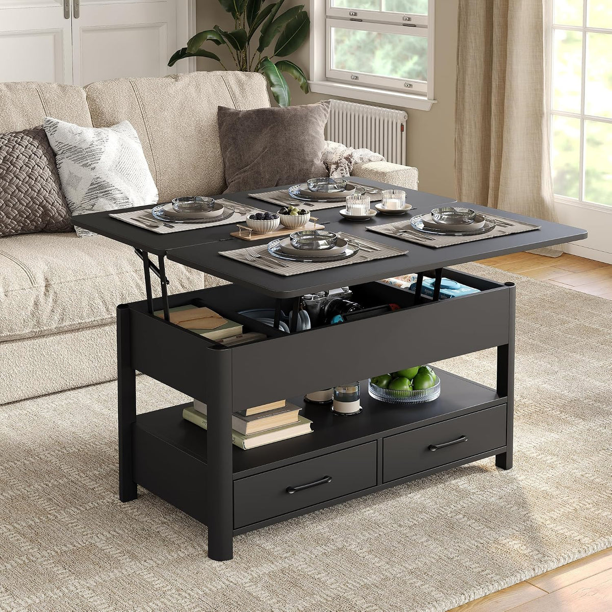 Lift Top Coffee Table, Converts to Dining Table for Living Room, Home Office, 4 in 1 Coffee Table with Storage, Center Table with Drawers and Hidden Compartment, Black