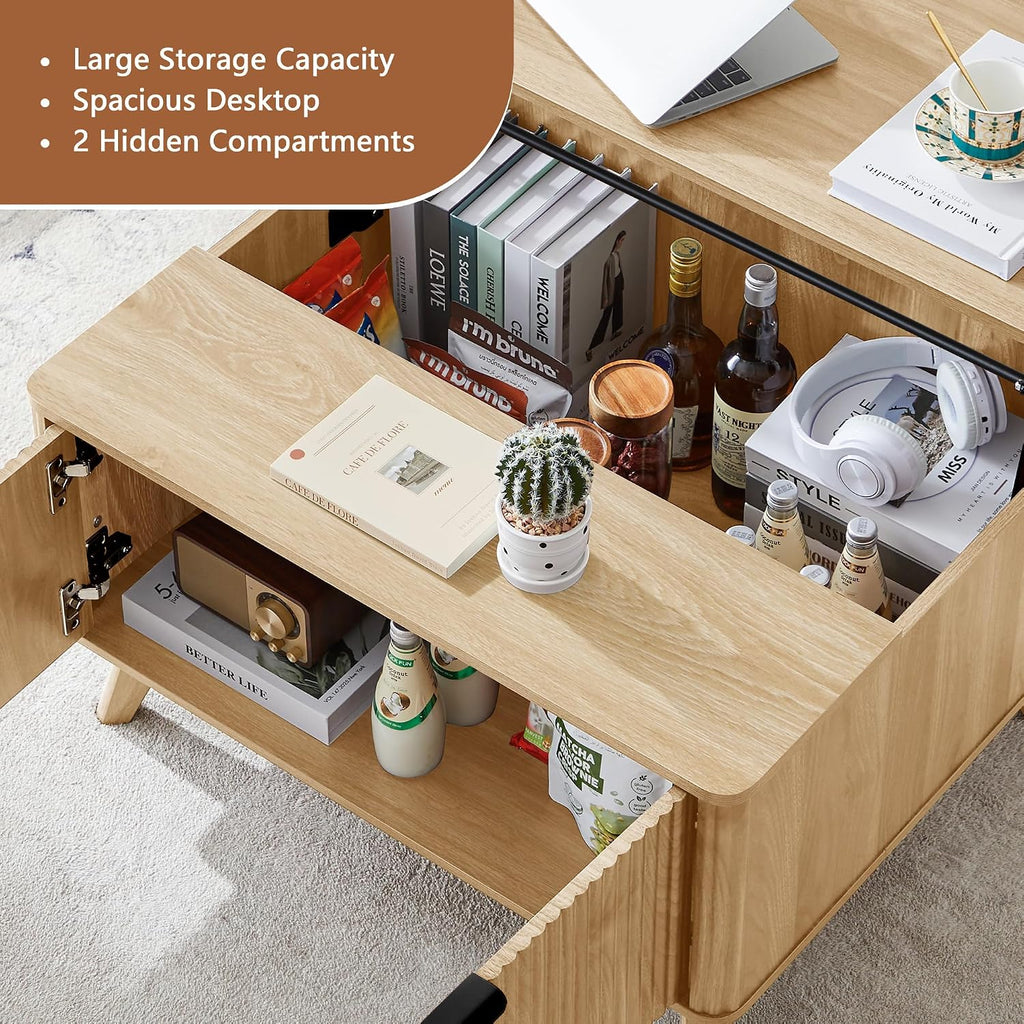 Fluted Lift Top Coffee Table with Large Hidden Compartment, 31.5' Wooden Center Table with Storage, Mid Century Modern Lift Tabletop Coffee Tables for Living Room Home Office, Natural