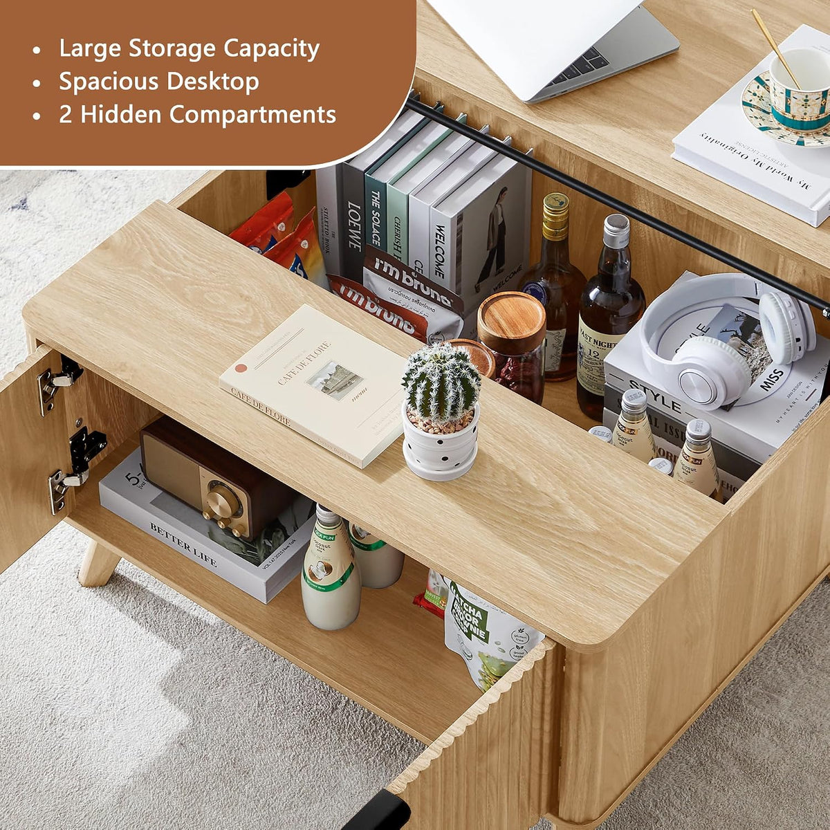 Fluted Lift Top Coffee Table with Large Hidden Compartment, 31.5' Wooden Center Table with Storage, Mid Century Modern Lift Tabletop Coffee Tables for Living Room Home Office, Natural