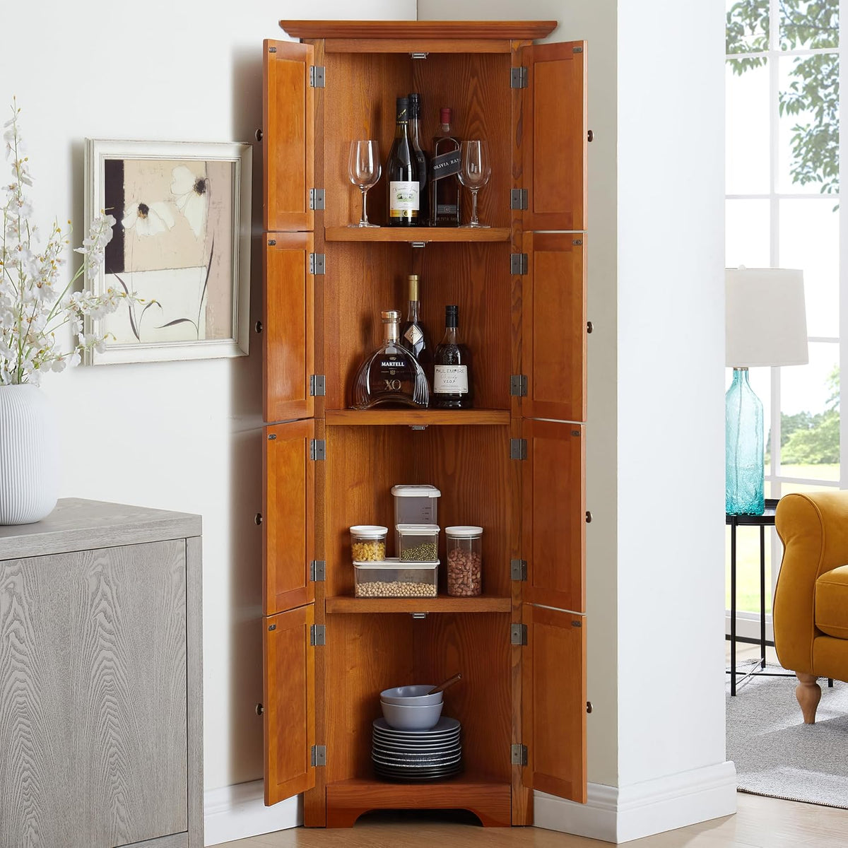 72' H Farmhouse Corner Storage Cabinet with 4 Shelves & 8 Doors, 4 Tier Kitchen Corner Pantry Cabinet Wooden Organizer Case Bookshelf, Home Space Saver Cabinet for Living Room,Kitchen