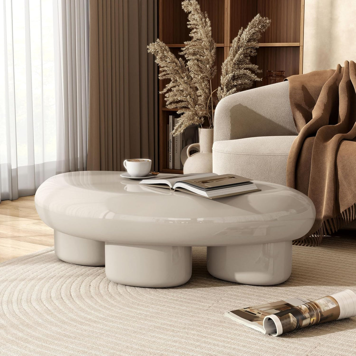 24/7 Shop at Home Kavren Modern 37-inch 2-Piece Oval Glossy Low Profile Coffee Table Set, Stone Shape Living Room Furniture for Small Space, Ivory