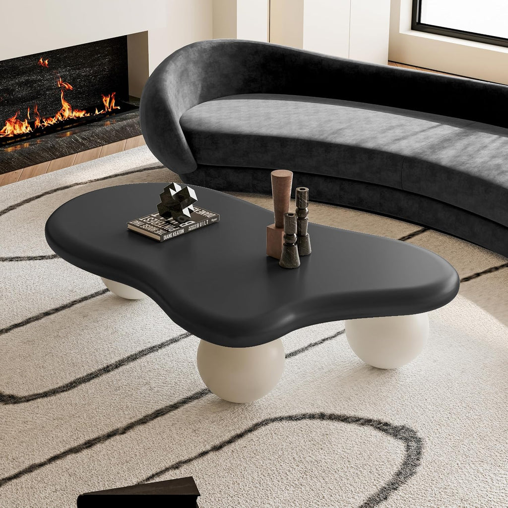 47.2'' Modern Coffee Table with Ball Base, Contemporary Oval Round Cloud Shaped Wood Coffee Table for Living Room, Easy Assembly, Black & White