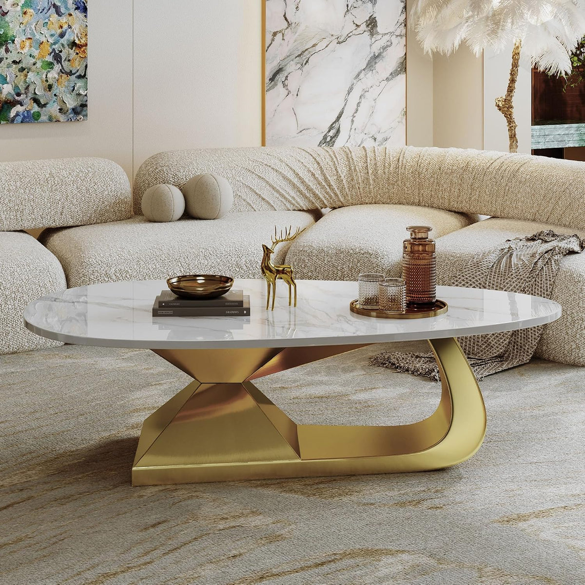 Modern Sintered Stone Coffee Table with Stainless Steel Base - Elegant and Durable Living Room Table