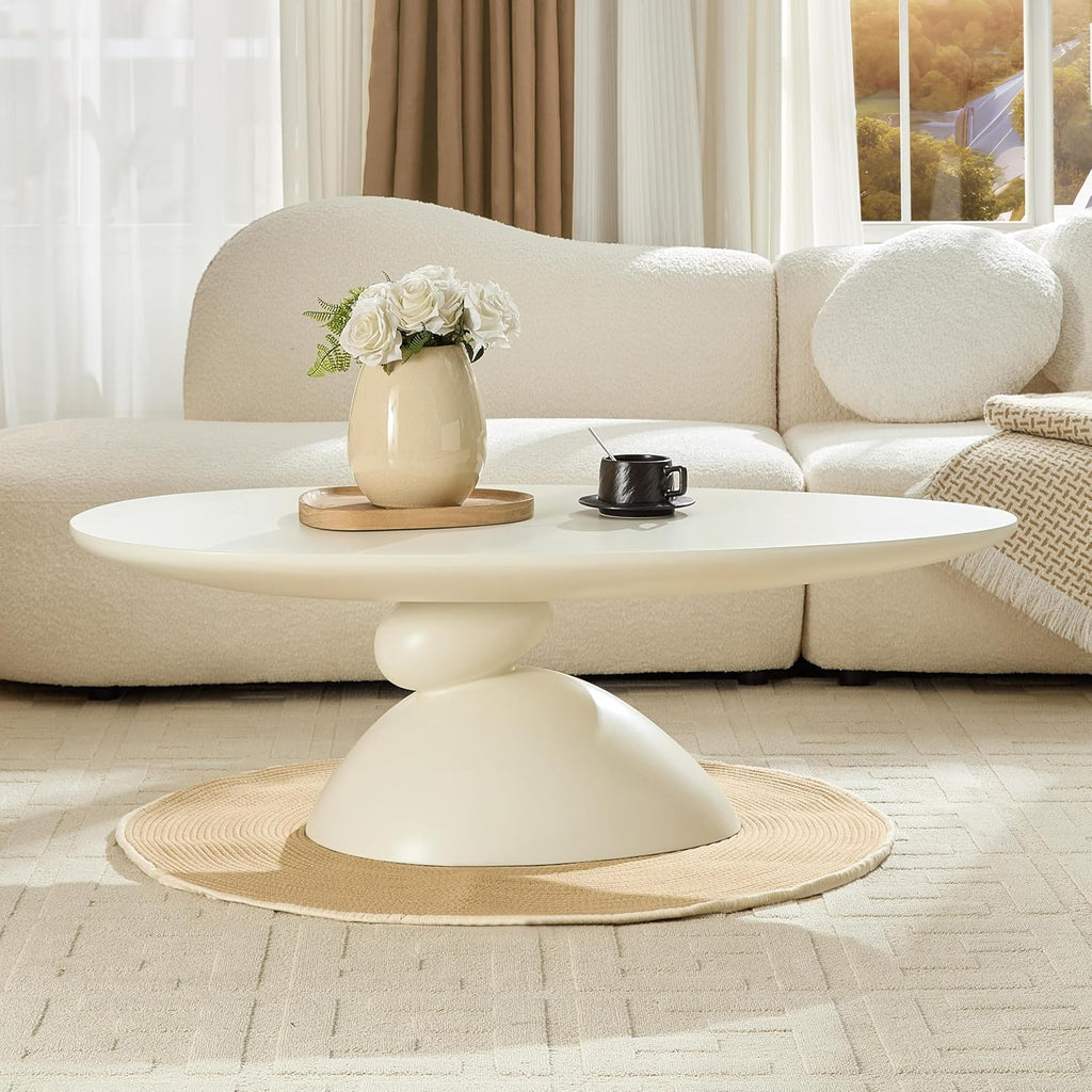 Lucky Coffee Table 47.2' Cream, Sculptural Fiberglass Table with Matte Finish, Minimalist Scandinavian Low Coffee Table, Designer-Inspired Pebble Base Center Table for Modern Living Room & Apartment