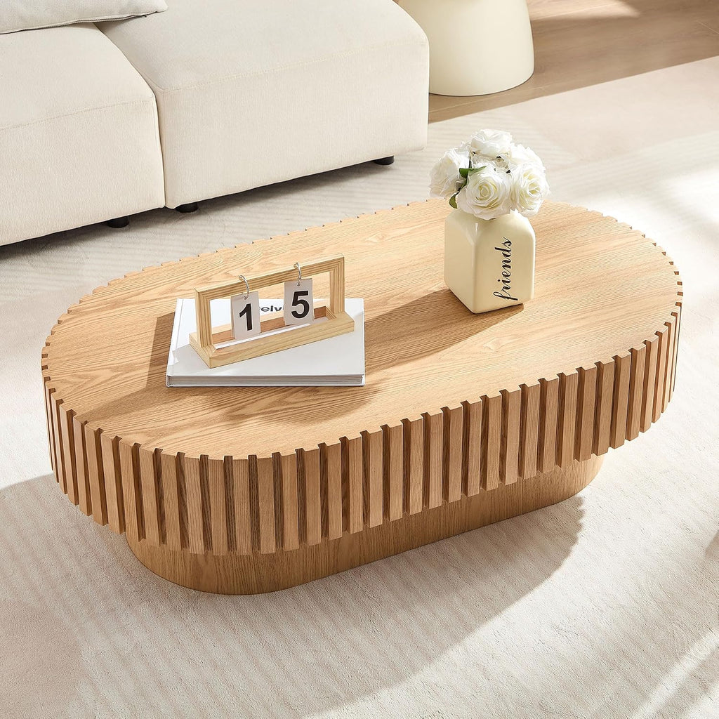 LUMISOL Oval Coffee Table for Living Room, 43.37' Modern Handcraft Drum Center Table with Sturdy Pedestal for Office, Apartment, Natural