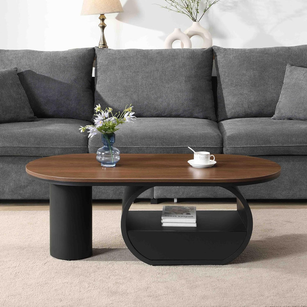 Oval Coffee Table, 47.24'' Modern Luxury Oval Decorative Coffee Center Table with Brown Wooden Top and Black Metal Base and 1 Drawer, Cocktail Tea Table for Living Room Apartment