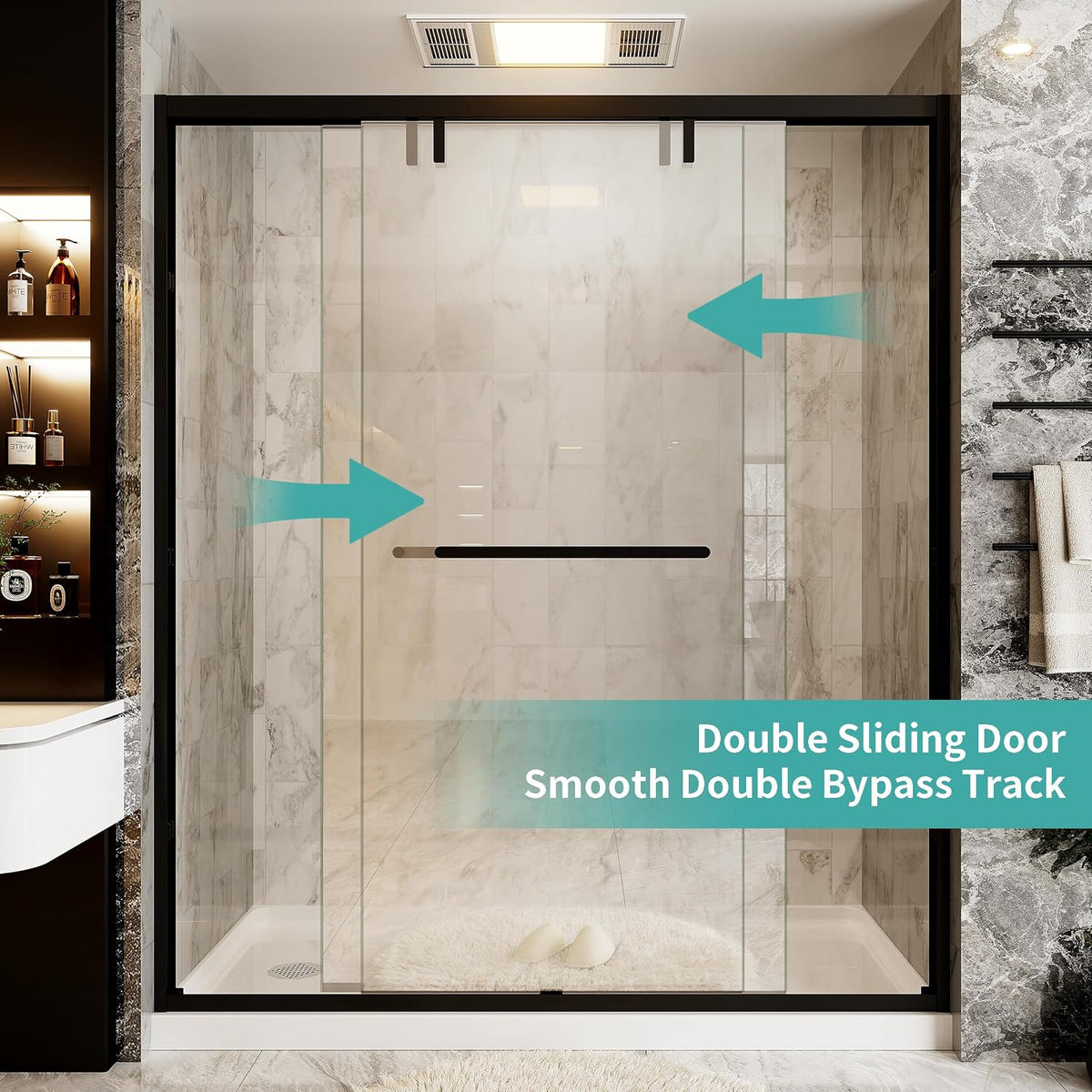 62-66 in. W x 76 in. H Semi-Frameless Double Sliding Shower Door, 2 Bypass Glass Shower Door, with 5/16' (8mm) SGCC Tempered Glass, Matte Black
