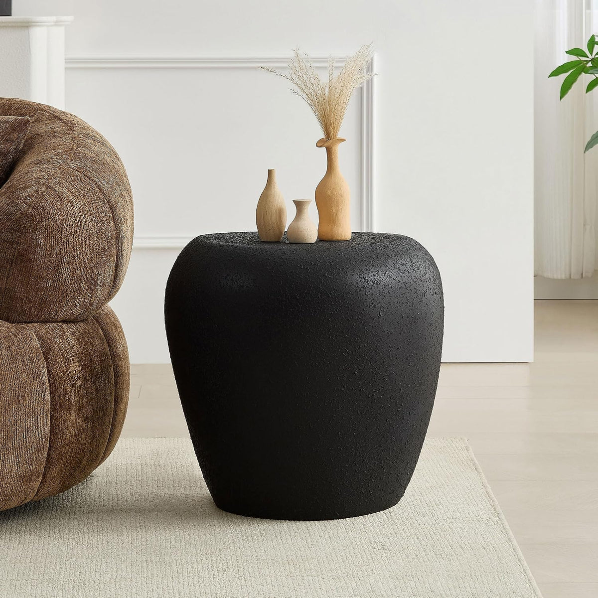 19.29'' Faux Stone Side Table End Table for Living Room, Modern Contemporary Style, Fiberglass Material & Grainy Stone Paint, No Assembly, Black