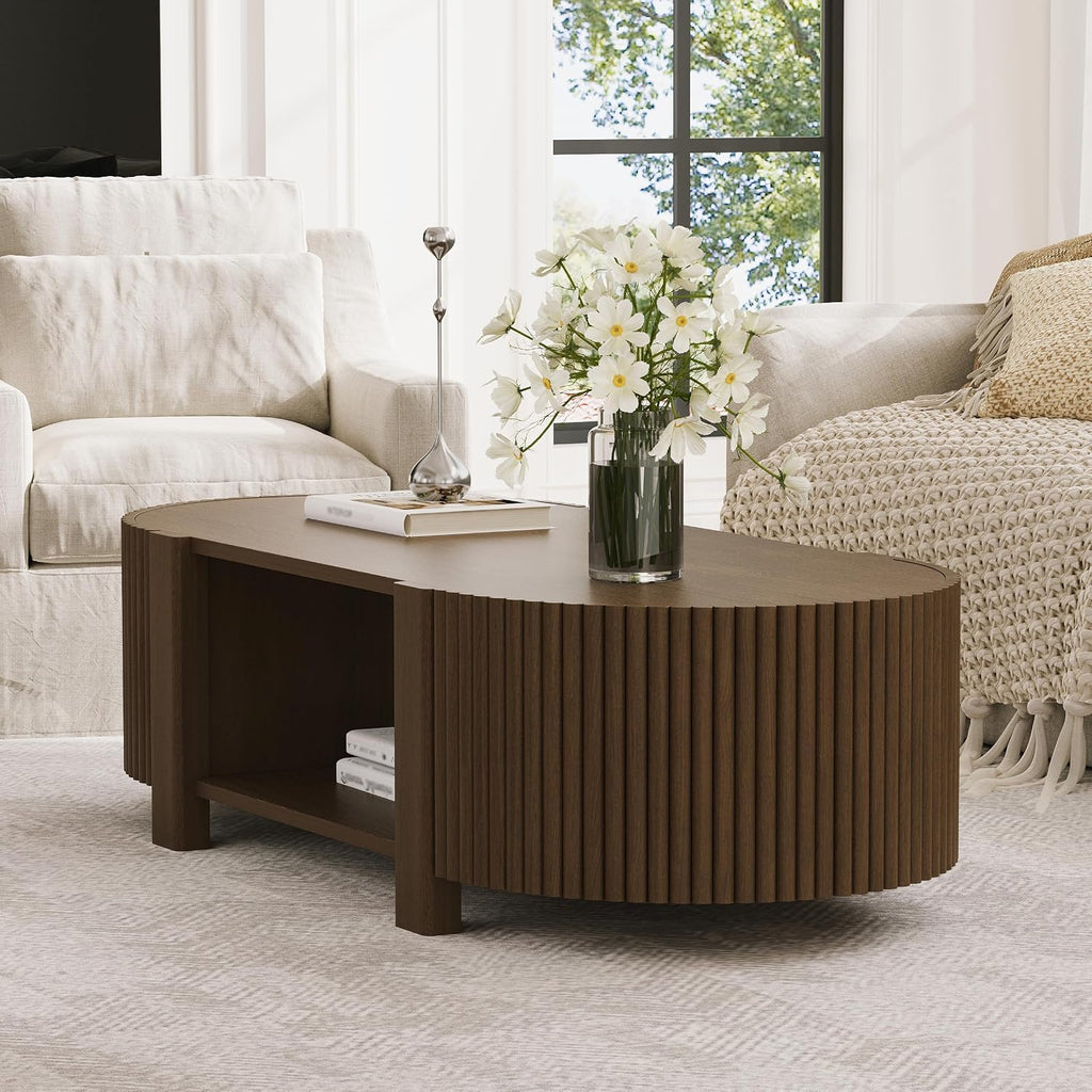 Oval Coffee Table with Storage, Fluted Coffee Table with Shelves and 2 Open Doors, Center Table for Living Room, Bedroom, Apartment or Office, Walnut