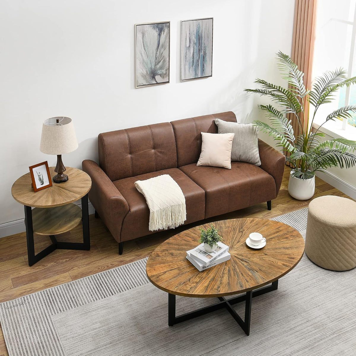 Oval Coffee Tables for Living Room, Solid Wood Coffee Tables and Metal Legs, Mid Century Modern Coffee Table, Designed Home Furniture, Center Large Coffee Table, Brown Tea