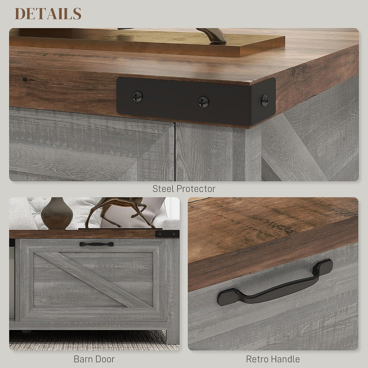 HOMCOM Farmhouse Coffee Table with Storage and Drawer, Rustic Coffee Table for Living Room, Open Shelf, Distressed Gray