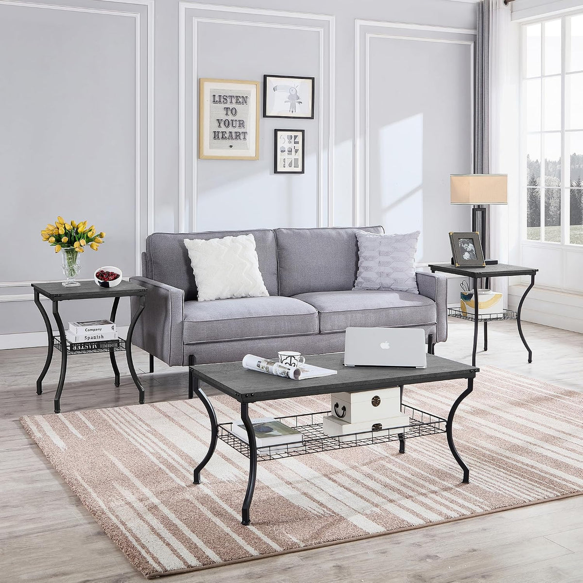 VECELO 3 Pieces Living Room Table Sets, Coffee and End Tables with Open Storage Shelves for Apartment, Home Office, Small Space, Easy Assembly, Dark Grey