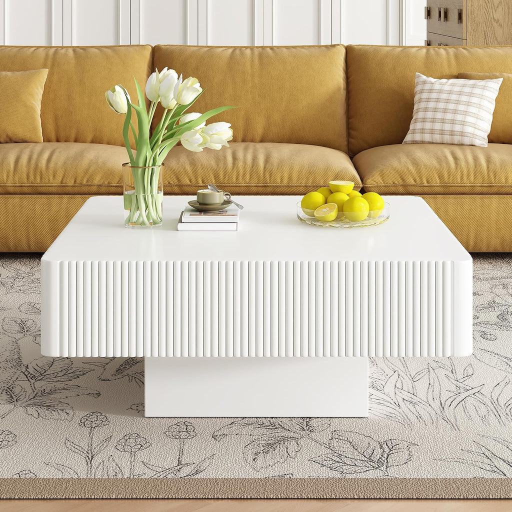 JUSTONE 31.6' Wide Square Coffee Table with 7.1' Thick Tabletop, Modern Black Fluted Drum Design, Sturdy Base Accent Table for Living Room, Easy Assembly(White
