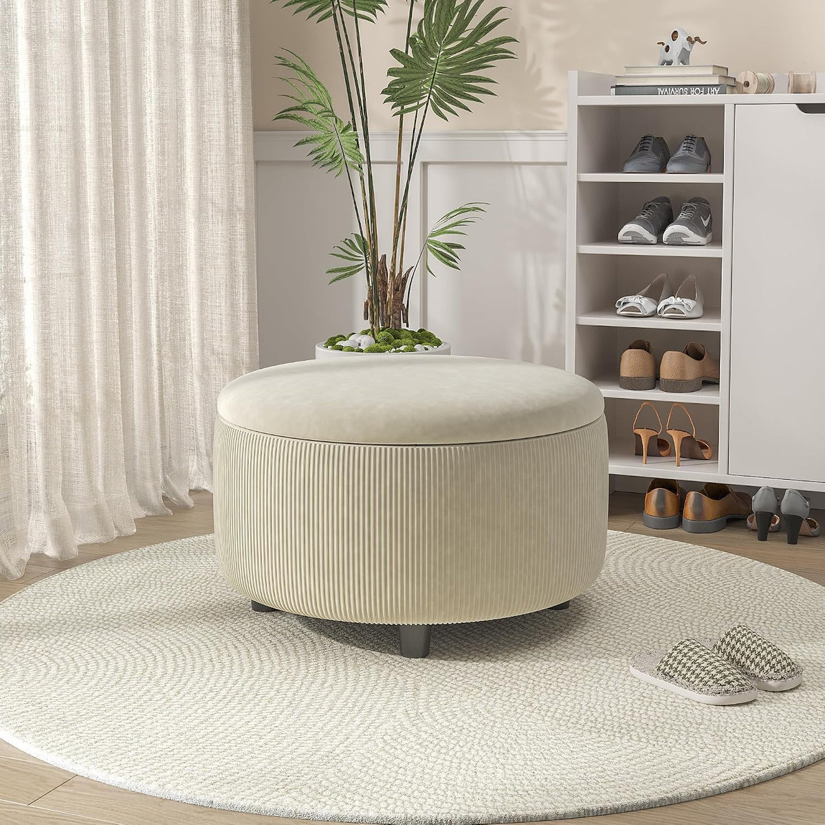 Vabches 30inch Round Storage Ottoman with Hidden Storage, Modern Ottoman Coffee Table with Removable Wood Top, Upholstered Foot Stool for Living Room, Sofa Side, Bedroom, Office (Beige, 30' W)
